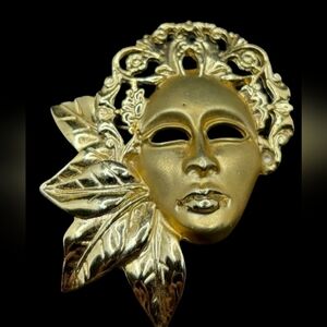 Vintage Gold Tone Womans Face Mask With Leaves Brooch